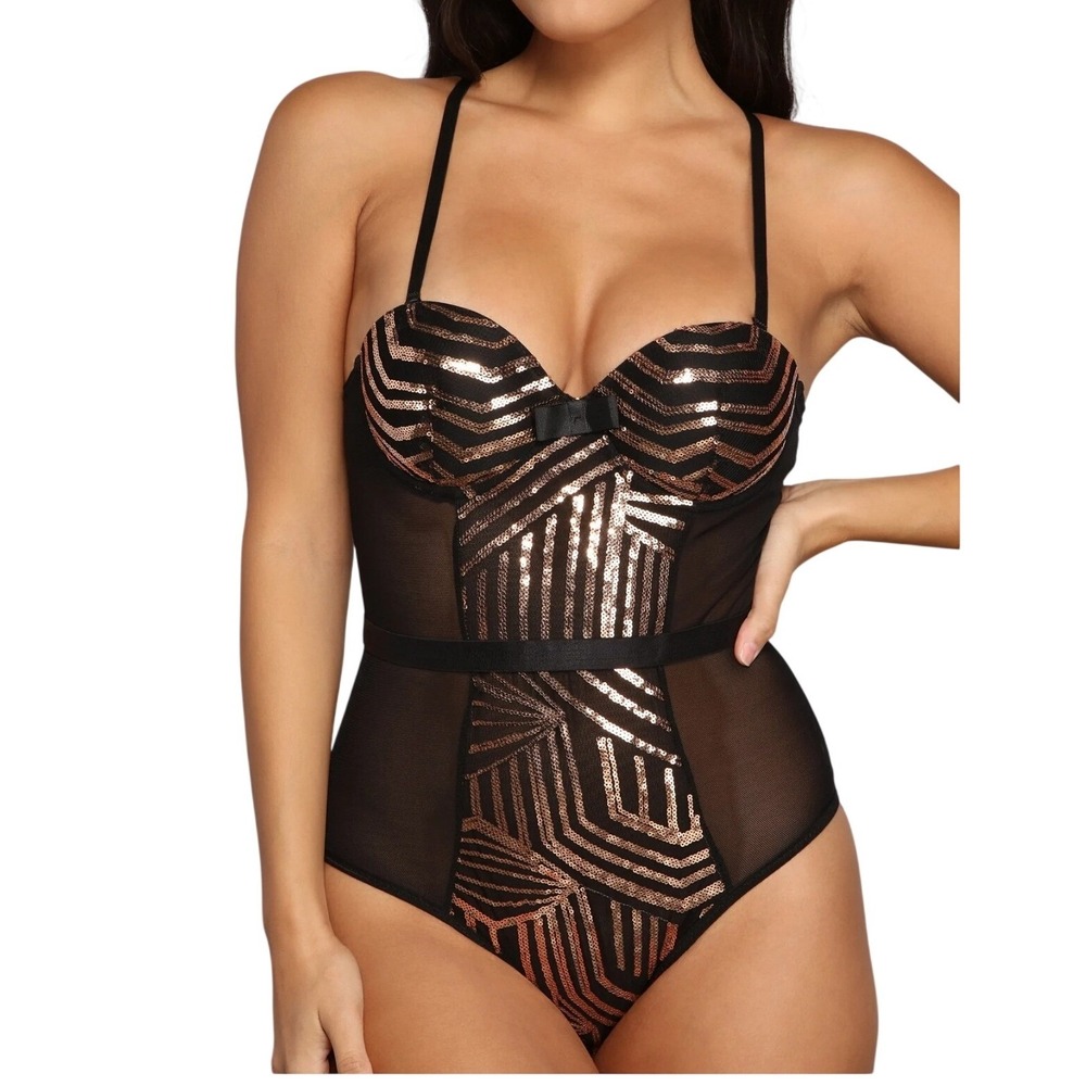 Black Fuchsia by Secret Lace Gold Sequin Art Glam Deco Mesh Bodysuit 3X
